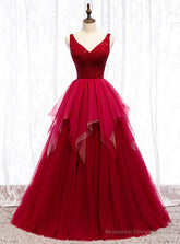 A-Line Burgundy Tulle V-neck Backless Beading Prom Dress